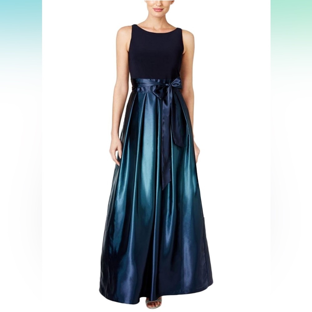 Elegant SLNY Blue and Green Satin Gown